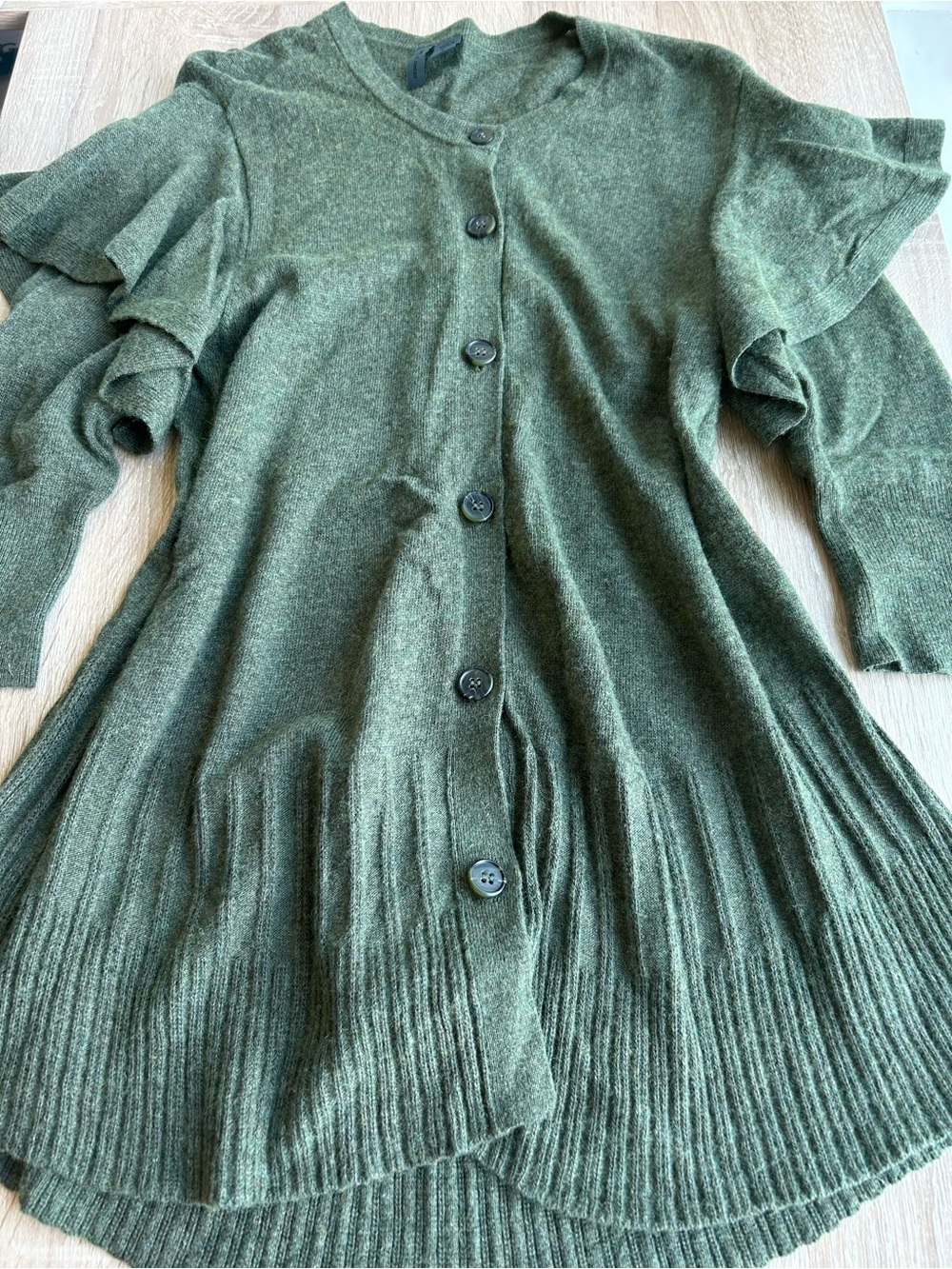 Anthropologie Green Button-Front Ruffle Sleeve Sweater Left of Centre S